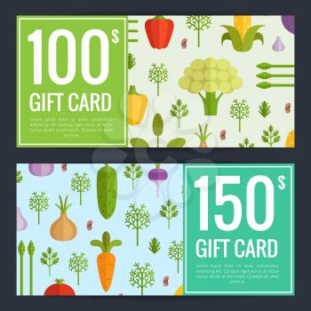 Vector flat vegetables vegan shopping voucher templates. Gift card illustration