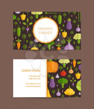 Vector fruits and vegetables organic farm, healthy food business card template. Vegan poster illustration
