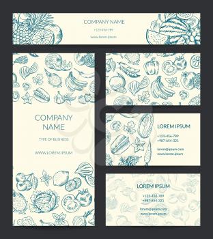 Vector identity banner, brochure, business card templates set with doodle sketched fruits and vegetables. Vegetarian ecological food illustration