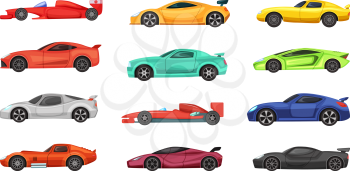 Different sport cars isolated on white. Vector illustrations of racers on road. Set of race car transport, sport and speed automobile