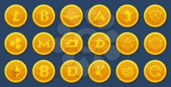Different coins of crypto currency. Virtual electronic money. Bitcoin pictures in cartoon style. Cryptocurrency golden coin money bitcoin and litecoin, vector illustration