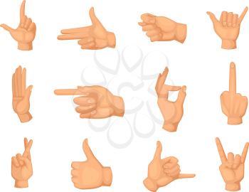 Cartoon illustrations of hands gestures isolated on white. Thumb up and palm, fist and ok symbol vector