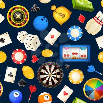 Seamless pattern with gambling and other casino entertainments. Poker, dice vector illustrations. Roulette and bowling, billiards and poker