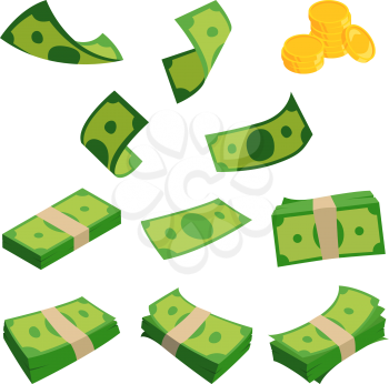 Bundles of dollars isolated on white background. Different banknotes set. Money cash and finance stack. Vector illustration