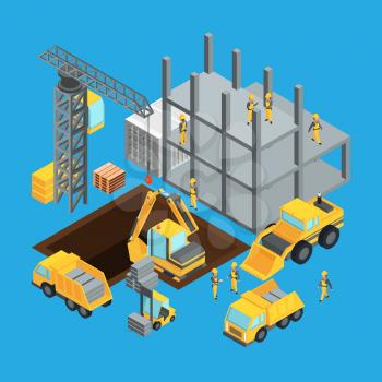Building construction stage. Isometric transport for construct. Vector illustrations set. Construction stage building with crane