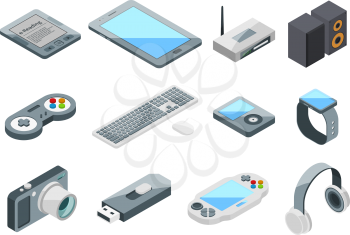Different electronic gadgets collection. Isometric technology symbols. Vector pictures set isolate gadget and device, digital tablet equipment illustration
