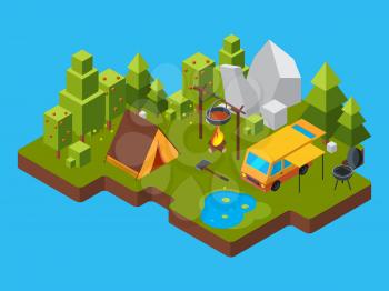 3d isometric landscape with camping in the forest. Outdoor fireplace. Outdoor fireplace with tent for picnic. Vector illustration