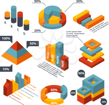 Different isometric elements for business infographic. Graphic diagrams, 3d charts. Business graph and diagram in 3d isometric color style illustration