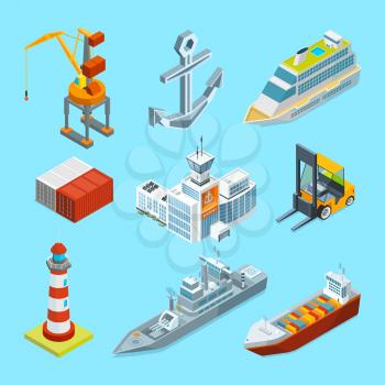 Ships, boats and seaport terminal. Cargo containers and crane for loading. Transportation shipping, container and sea port, logistic and delivery. Vector illustration