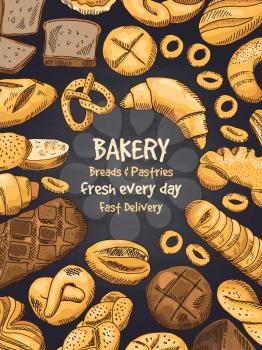 Illustration of bakery foods on black chalkboard. Poster or template of design menu. Fresh bakery food, bread and loaf, bun and croissant vector