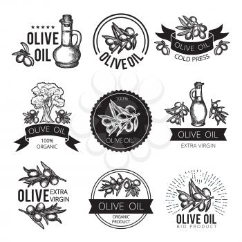 Different monochrome labels of olive products and ingredients. Vector pictures for package design with place for your text. Olive oil sticker and label illustration