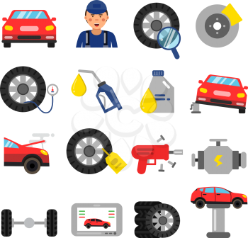 Automobile parts. Wheels and tires service of cars. Vector pictures in flat style. Automobile service repair and auto maintenance illustration