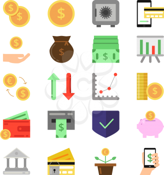 Business and finance icons set. B2c and b2b symbols. Pictures of money and coins. Finance money, coin and cash currency. Vector illustration