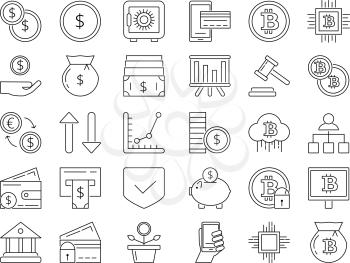 Linear icons set of money and business symbols. Credit cards, coins. Collection of business icons bitcoin mining and cryptocurrency. Vector illustration