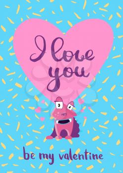 Vector Valentines Day card with hearts, cute monster and lettering i love you on confetti background illustration