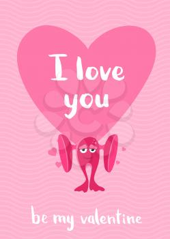 Vector Valentines Day card with hearts, cartoon monster with big ears and lettering i love you on wavy background illustration