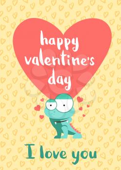 Vector Happy Valentines Day card with hearts, cute monster and lettering i love you on hearts background illustration