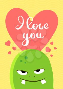 Vector Valentines Day card with heart, cute monster and lettering on wavy background i love you illustration