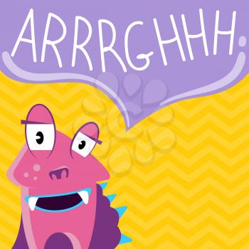 Banner poster vector cute cartoon screaming monster with speech bubble on zig zag background illustration