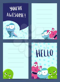 Vector vertical note cards banner poster set with pozitive writing, cute monsters on circles and blots backgrounds illustration