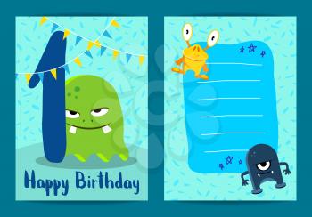 Vector kids happy birthday card with cute cartoon monsters, garland and age one year illustration