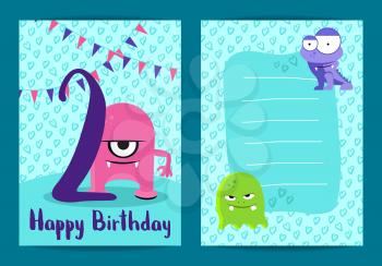 Vector kids happy birthday cards with cute monsters, garlands and age number two years on hand drawn stars background illustration