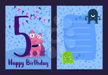 Vector happy birthday kids card with cute cartoon monsters and age five number with little stars and confetti background illustration