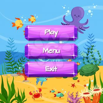 Vector cartoon style gemstone buttons with text for game design on sealife landscape background illustration
