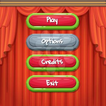 Vector cartoon style contoured enabled and disabled buttons with text for game design on theather curtains background illustration