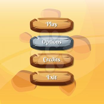 Vector cartoon style wooden enabled and disabled buttons with text for game design on texture background illustration