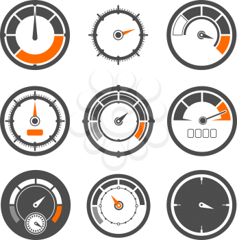 Vector illustrations set of different speedometers. Miles and speed indicators. Speedometer indicator measurement, equipment control speed