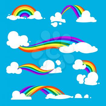 Rainbow and clouds in flat style. Vector illustrations. Set of rainbow with cloud in blue sky