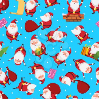 Christmas seamless pattern with santa in different action poses. Pattern christmas with santa claus illustration