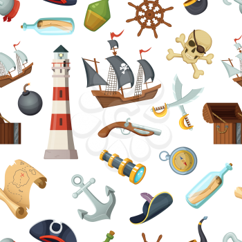 Marine seamless pattern with different pirates items. Vector pirate, travel, steering wheel and bottle of rum, anchor and cross sword illustration