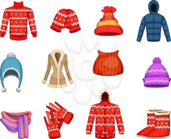 Vector illustrations of winter clothes collection. Winter collection clothing, fashion scarf and jacket