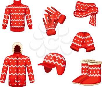 Clothes at christmas holiday style. Vector illustrations for winter season. Scarf and sweater clothing, winter wear mitten knitted