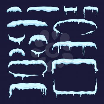 Set of different winter snow caps and icicles. Borders and dividers in cartoon style. Snow cap and snowdrift effect design. Vector illustration