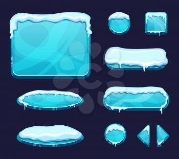 Mobile game ui template in cartoon style. Glossy buttons and panels with ice and snow caps. Panel interface cover snow decoration effect illustration