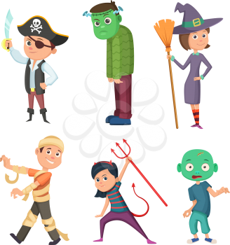 Cute and scary halloween costume for kids. Zombie, pirate, devil and others. Vector collection in cartoon style