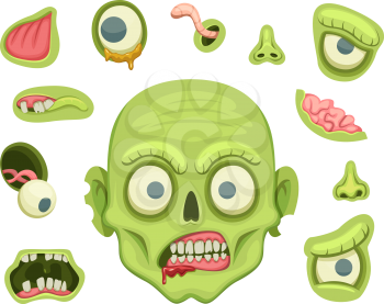 Zombie creation kit. Scary portrait with different parts. Vector constructor for halloween party