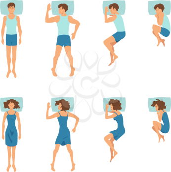 Male and female in sleeping poses. Top view illustrations of relaxing positions. Man and woman pose in bed in vector style