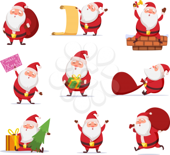Christmas characters of funny santa in dynamic poses. Vector mascot design in cartoon style. Christmas santa claus, happy pose cartoon illustration
