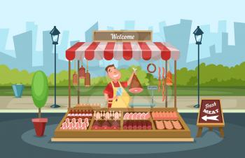 Local market place with fresh foods. Vector illustrations in cartoon style. Butcher shop, store street with assortment meat