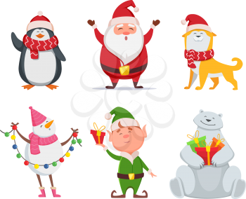 Christmas characters in cartoon style. Santa, yellow dog, elf. Penguin and snowman. Holiday cute bear and santa claus. Vector illustration
