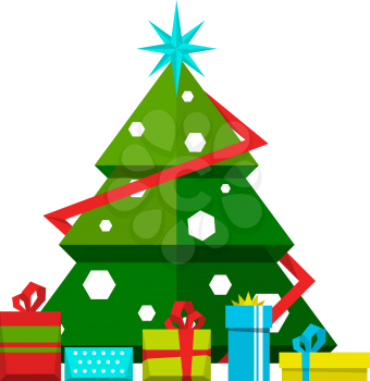 Christmas tree with decorations and different gifts. Vector stylized illustrations. Christmas tree and gift to xmas and new year