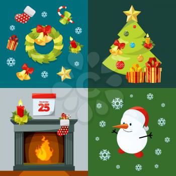 Conceptual pictures of christmas celebration. Vector illustrations in cartoon style. Christmas winter card with fireplace and gift, snowman and xmas tree