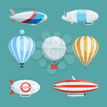 Zeppelins, big airships and balloons with cabin. Vector illustrations set in cartoon style. Airship transportation with basket and cabin