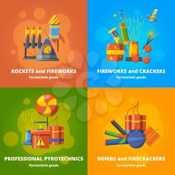 Pyrotechnics elements for party. Vector banners set firecracker and pyrotechnic fireworks colourful illustration