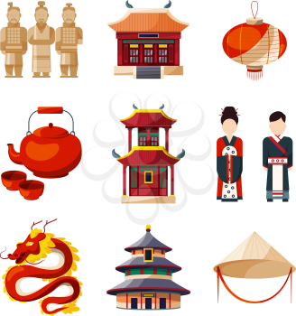 Culture icons set. Traditional chinese elements. Vector illustration in cartoon style. Chinese traditional culture symbol