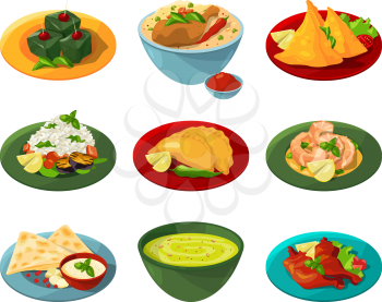 Cartoon set of traditional indian food in different dishes. Indian food delicious with sauce and spicy. Vector illustration